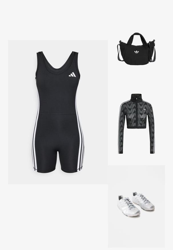 Veste noire courte à fermeture éclair avec col montant, présentant un motif chevron texturé et des rayures latérales blanches. Fabriquée en tissu léger et respirant.; adidas Performance ONESIE - Combinaison d'échauffement - black/white; Baskets de sport argentées avec une texture lisse et brillante ; design courbé ; lacets gris ; semelles en caoutchouc avec motifs de traction ; bout arrondi.; Sac à épaule noir Adidas avec deux petites poignées, une sangle rayée réglable et un logo trèfle blanc centré sur le devant.