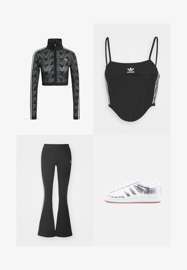 Chaqueta negra corta con cremallera y cuello alto, con un patrón de espiga texturizado y franjas laterales blancas. Hecha de tela ligera y transpirable.; Top corto negro con canalé y tirantes finos ajustables, que presenta tres rayas blancas a los lados y un pequeño logo de Adidas blanco en el centro.; Leggings acampanados negros de tejido elástico, con una cintura alta y rayas laterales blancas. Incluye un pequeño logo en la cintura.; Zapatilla con patrón de piel de serpiente plateada, detalles de cuero blanco, suela de goma, tres franjas y punta redonda. Cuenta con cierre de cordones.