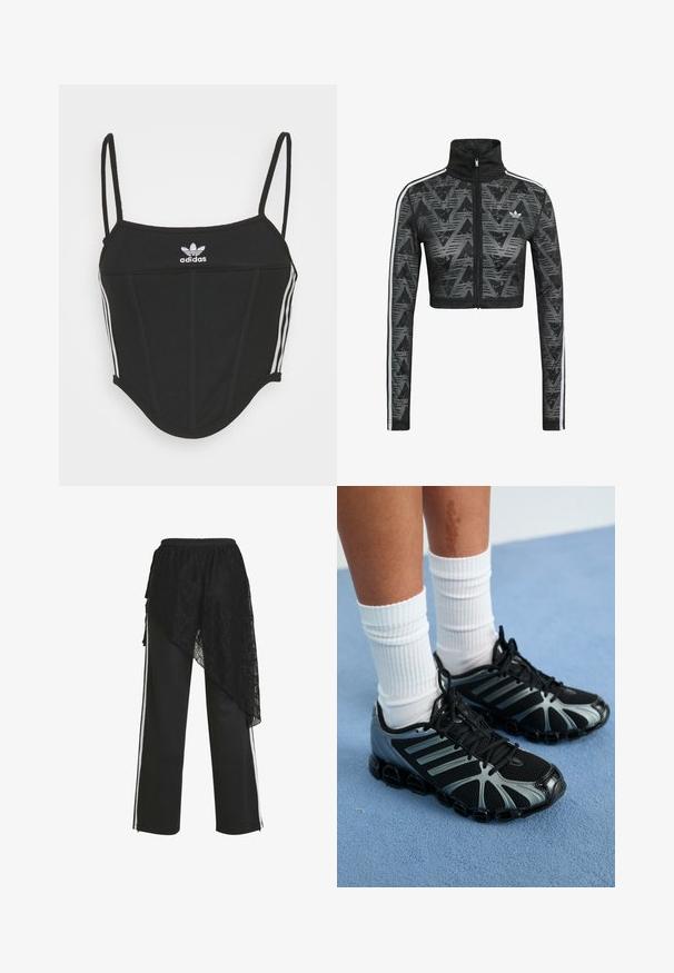 Sort cropped jakke med lynlås og høj krave, der har et tekstureret chevronmønster og hvide sidestriber. Fremstillet af let og åndbart stof.; Sort ribbet crop top med justerbare tynde stropper, der har tre hvide striber på siderne og et lille hvidt Adidas-logo i midten.; Sorte bukser med brede ben med hvide sidelister og et asymmetrisk sort blonderlag, der draperes på venstre side.; Person iført hvide ribstrikkede sokker og sorte træningssko med grå accenter på blåt tæppe.