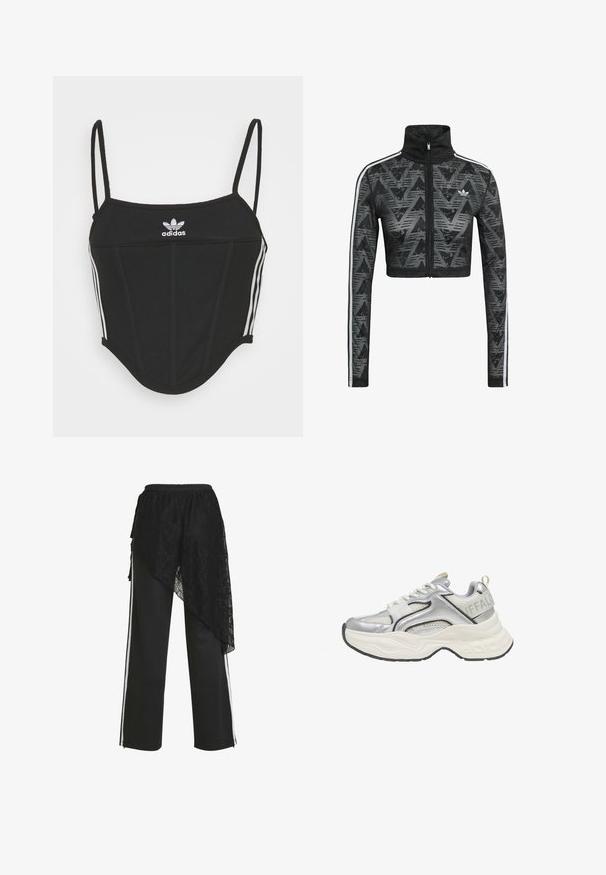 Zwarte cropped ritsjack met hoge kraag, voorzien van een getextureerd chevronpatroon en witte zijstrepen. Gemaakt van lichtgewicht, ademende stof.; Zwarte geribbelde crop top met verstelbare dunne bandjes, voorzien van drie witte strepen aan de zijkanten en een klein wit Adidas-logo in het midden.; Zwarte broek met wijde pijpen, witte zijstrepen en een asymmetrische zwarte kanten overlay gedrapeerd aan de linkerkant.; Zilveren en witte chunky sneaker met mesh- en leren details, dikke witte zool, en "BUFFALO" branding op de hielband.