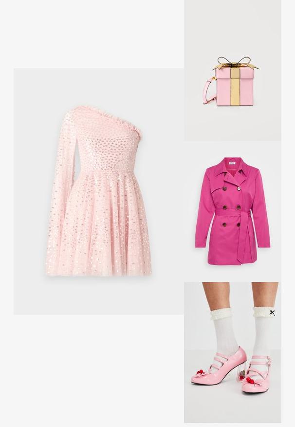 Trench-coat rose avec un design à double boutonnage, de gros boutons marron, une ceinture à la taille et un col cranté. Texture lisse.; Robe rose à une épaule avec une longue manche transparente, décorée de paillettes, avec un col froncé et une jupe évasée.; Talons hauts en cuir verni rose avec un bout arrondi, trois brides et des embellissements en cerise. Le talon bloc transparent présente des accents floraux. Chaussettes blanches à côtes.; Petit sac à main rose en forme de boîte avec une sangle verticale dorée brillante et un nœud sur le dessus, doté d'une sangle de poignet rose sur le côté.