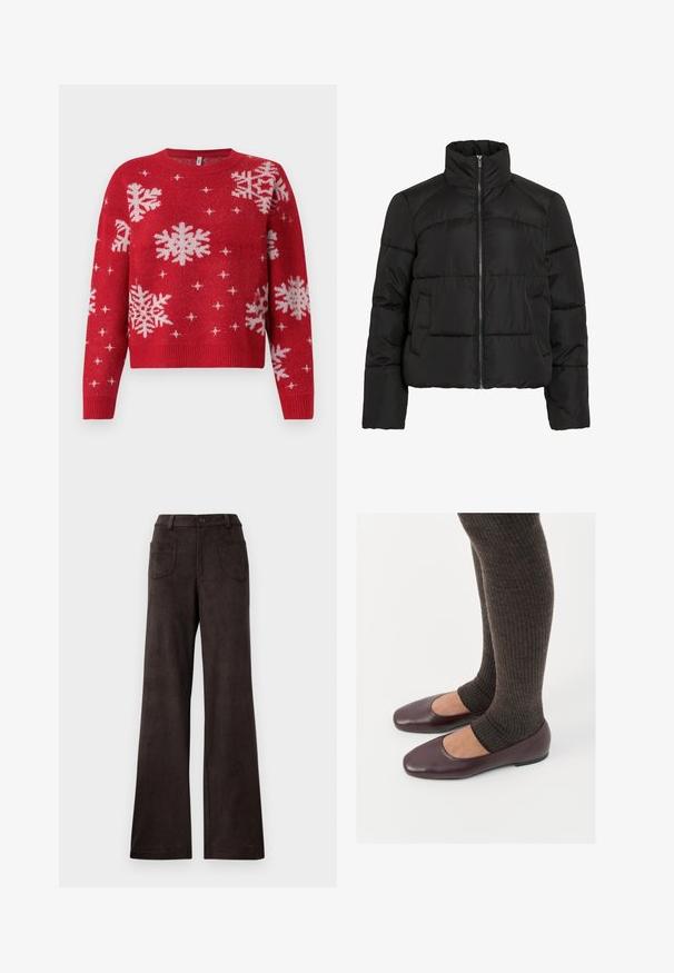 Veste matelassée noire avec un col montant, fermeture éclair, texture matelassée et poches latérales. Caractérisée par une coupe courte et un tissu léger.; Pull rouge avec un col rond, orné de flocons de neige blancs et d'accents scintillants. Manches et ourlet côtelés, design cropped.; Pantalons à large jambe marron en tissu doux et texturé. Les caractéristiques incluent une fermeture à bouton et deux poches avant.; Ballerines en cuir verni bourgogne à bout carré, accompagnées de chaussettes en tricot côtelé marron foncé atteignant le molet.