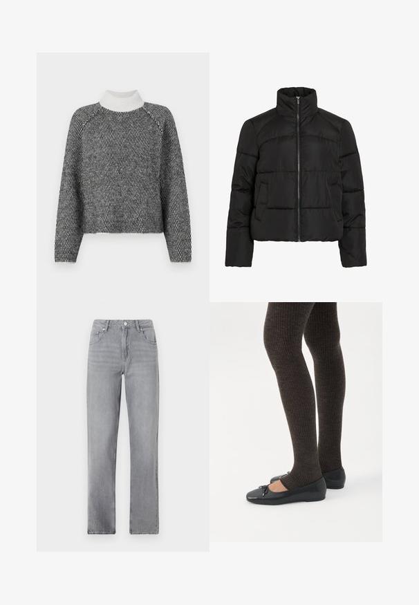 Veste matelassée noire avec un col montant, fermeture éclair, texture matelassée et poches latérales. Caractérisée par une coupe courte et un tissu léger.; Vero Moda VMFELIZE HIGH NECK PULLOVER - Pullover - birch/black; Jean droit gris avec poches avant, fermeture à bouton et coupe classique, présenté sur un fond blanc uni.; Jambes portant des leggings côtelés foncés associés à des ballerines noires avec de petits détails en nœud sur fond blanc.