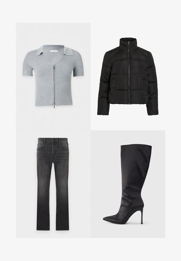 Veste matelassée noire avec un col montant, fermeture éclair, texture matelassée et poches latérales. Caractérisée par une coupe courte et un tissu léger.; Cardigan gris clair côtelé à manches courtes avec col et fermeture éclair argentée sur fond blanc.; Jean en denim noir à coupe droite, cinq poches, et délavage subtil. Comprend une fermeture par bouton et des coutures contrastantes le long des coutures.; Botte noire haute jusqu'aux genoux en cuir verni lisse et élégant ; bout pointu ; ajustée avec un léger froncé près de la cheville ; talon brillant.