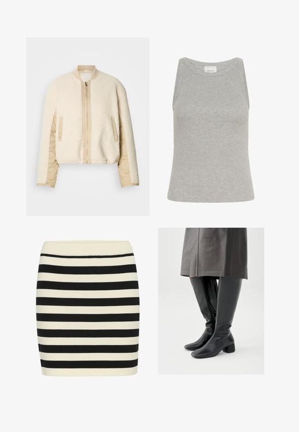 Kremfarvet bomberjakke med en fluffy yderside, lysebrune quiltede ærmer, ribbet krave og to sidelommer. Lynlås foran.; Grå ribbet tanktop med rund halsudskæring og ærmeløs design. Fremstillet af blødt stof, har en tætsiddende silhuet og minimale syninger.; Sort og creme stribet strikskørt, tætsiddende pasform, med ribbet talje. Vandre striber skifter bredde for visuel tekstur.; Knæhøje sorte læderstøvler med firkantet tå, skråt stillet blokhæl og en sidesyning; glat tekstur og tætsiddende design.