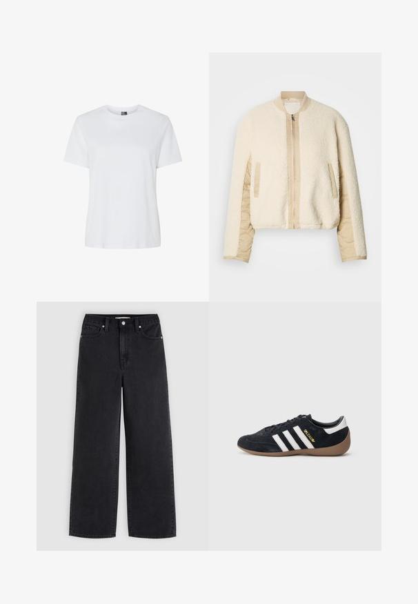 Veste bomber couleur crème avec un extérieur duveteux, des manches matelassées couleur fauve, un col côtelé et deux poches latérales. Fermeture éclair sur le devant.; T-shirt blanc uni à manches courtes et col rond, présenté sur fond blanc sans motifs ni logos visibles.; Jean noir à jambes larges avec bouton et fermeture éclair à l'avant, passants de ceinture et design à cinq poches sur fond gris clair.; Baskets en daim noir avec trois bandes blanches, semelle en caoutchouc beige, et un petit logo doré sur le côté. Dotées d'une doublure intérieure noire lisse.