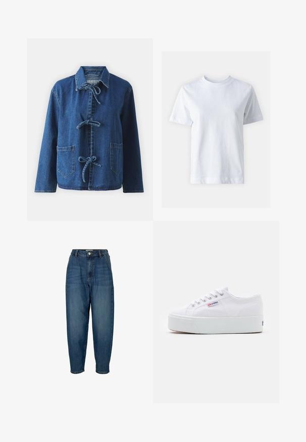Chaqueta de denim en azul oscuro con un corte relajado, que presenta un cuello extendido, cierres de lazo y dos bolsillos frontales tipo parche.; T-shirt de algodón blanco con cuello redondo, mangas cortas, corte recto y textura suave. Sin patrones ni adornos.; Vaqueros de mezclilla azul de cintura alta con un corte relajado, que presentan bolsillos frontales, cierre de cremallera y un leve desgaste en la tela.; Zapatilla de lona blanca con una gruesa suela de plataforma blanca, punta redonda y ojales de metal para los cordones. Logotipo de la marca mostrado en el lateral.