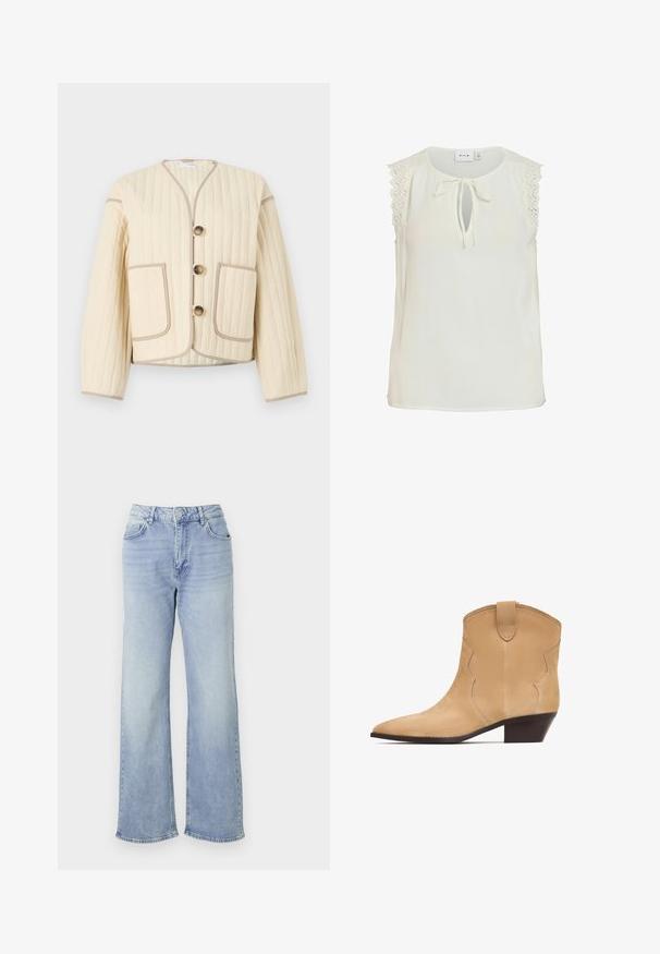 Beige quiltet jakke med en afslappet pasform, der har en V-hals, tre knapper og to påsyede lommer. Kantet med kontrasterende beige piping.; Hvid ærmeløs bluse med blondepaneler på skulderen og en lille nøglehul foran, bundet med en sløjfe ved halsudskæringen.; Lyseblå vide jeans lavet af denim, med høj talje, fem lommer og en kant med subtilt slid.; Beige ruskinds ankelstøvle med spids tå og subtil bølget detaljering, med en lav træsko hæl og en pull-tab bagpå.