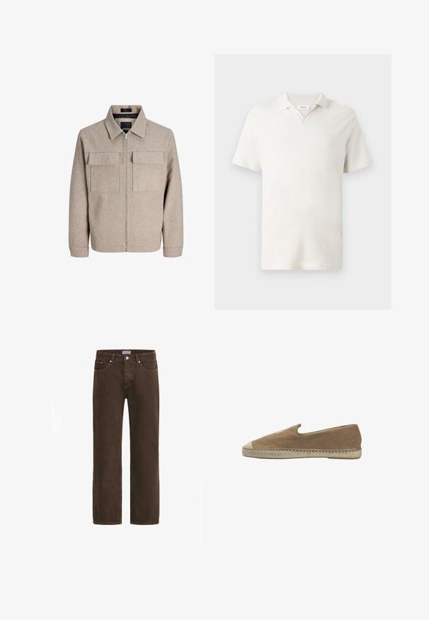Beige, gestructureerde jas met een kraag, ritssluiting aan de voorkant en twee borstzakken. Met een rechte snit en lange mouwen.; Korte mouwen polo-shirt in licht crème, met een V-hals, textuurstof en een klassieke pasvorm. Geen zichtbare patronen of accenten.; Bruine denim jeans met een recht gesneden pasvorm, vijf zakkenontwerp en metalen details. Voorzien van een knoopsluiting en een merklabel op de tailleband.; Beige canvas slip-on espadrille met jute omwikkelde zool en gestikte details langs de onderkant, gezien van de zijkant.