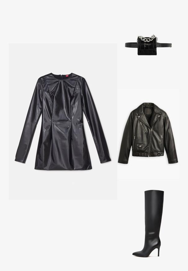 Schwarze Leder-Motorradjacke mit cropped Design, breiten Revers, mehreren Reißverschlusstaschen und einem subtilen Glanz. Mit einem Gürtel in der Taille.; 032c TRAPEZE TOO TIGHT MINI DRESS - Cocktailkleid/festliches Kleid - black luster; Schwarze kniehohe Stöckelschuhstiefel aus Leder mit spitzer Zehenform und glänzender, glatter Oberfläche. Verfügt über einen hohen, schlanken Absatz für eine verlängerte Silhouette.; Schwarze Gürteltasche aus Kunst-Krokodilleder mit silberner Kettendetail und kursivem silbernem Logo auf der Vorderklappe, verstellbarer Riemen mit Schnallenverschluss.
