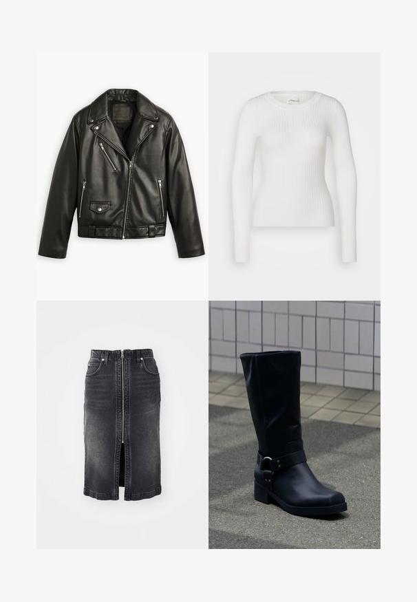 Chaqueta de motocicleta de cuero negro con un diseño recortado, solapas anchas, múltiples bolsillos con cremallera y un ligero brillo. Presenta un cinturón en la cintura.; Top blanco de manga larga con costuras acanaladas y escote redondo. La tela es suave, con una textura sutil y un diseño ajustado. Sin hardware ni patrones visibles.; Falda de mezclilla negra con cremallera frontal, dos bolsillos laterales, diseño de longitud media y un ligero desgaste. Presenta un corte recto y bordes dobladillos.; Bota negra de cuero hasta la mitad de la pantorrilla con un tacón bajo de bloque y una correa decorativa con hebilla metálica alrededor del tobillo, sobre un pavimento de baldosas.