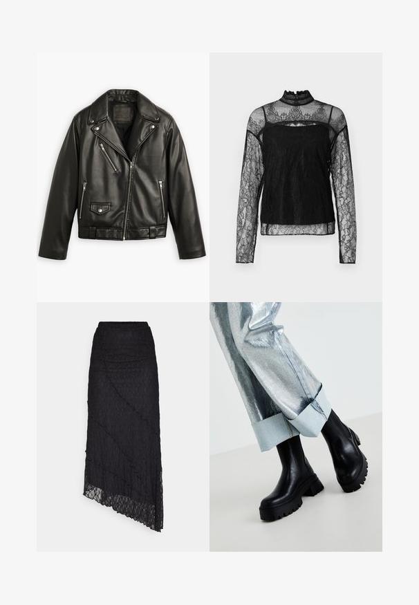Veste de moto en cuir noir avec un design court, des revers larges, plusieurs poches zippées et un léger brillant. Elle possède une ceinture à la taille.; Haut en dentelle noir à manches longues avec col haut, motif floral complexe, tissu transparent et panneau solide sur la zone de la poitrine.; ONLY ONLKIM SLIT - Jupe longue - black; Bottines noires épaisses à la cheville avec des semelles texturées, portées avec un pantalon argent métallique doté d'un revers en denim clair. Design minimaliste, matériaux élégants.
