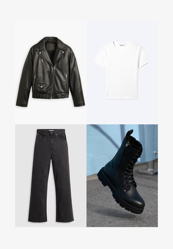 Schwarze Leder-Motorradjacke mit cropped Design, breiten Revers, mehreren Reißverschlusstaschen und einem subtilen Glanz. Mit einem Gürtel in der Taille.; Einfaches weißes T-Shirt mit kurzen Ärmeln und Rundhalsausschnitt sowie kleinem "WEEKDAY"-Etikett im Nacken, flach auf einem hellen Hintergrund präsentiert.; Schwarze Denim-Weitbein-Jeans mit hohem Bund, fünf Taschen und Metallknopfverschluß. Der Stoff hat eine glatte, leicht verblichene Textur.; Schwarze Lederstiefeletten mit Schnürdesign, seitlichem Reißverschluss, strukturiertem Finish und einer robusten Sohle mit ausgeprägtem Profil.