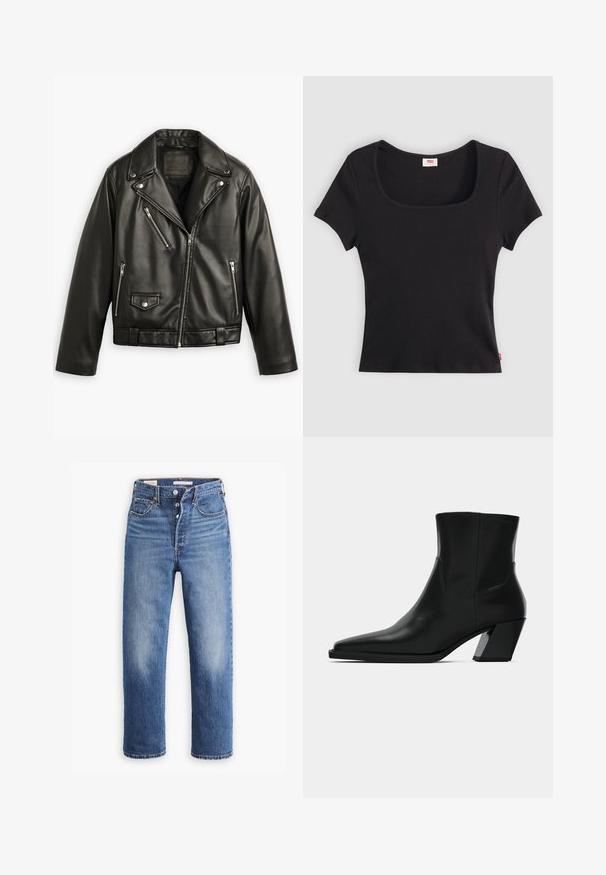 Chaqueta de motocicleta de cuero negro con un diseño recortado, solapas anchas, múltiples bolsillos con cremallera y un ligero brillo. Presenta un cinturón en la cintura.; Top negro de manga corta hecho de tejido acanalado, con un escote cuadrado amplio y una forma ajustada, con una pequeña etiqueta de logo rojo en el dobladillo.; Vaqueros de mezclilla azul con cintura alta, diseño de pierna recta y áreas desgastadas. Presentan bolsillos frontales y herrajes de metal.; Bota de tobillo de cuero negro con punta afilada, una silueta elegante y un tacón cuadrado grueso. Textura suave con detalles de costura mínimos.