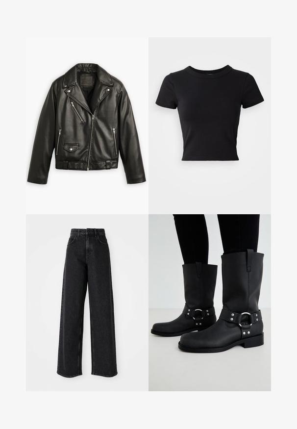 Zwarte leren motorjack met een cropped ontwerp, brede revers, meerdere ritszakken en een subtiele glans. Voorzien van een riem op de taille.; Zwart cropped t-shirt van stevige katoen, met korte mouwen en een ronde halslijn, met een glad en eenvoudig ontwerp.; Zwarte high-waisted wide-leg jeans van denim, met een klassiek vijf-pocket ontwerp en subtiele stikdetails.; ONLY SHOES by Zalando ONLBAX - Cowboy-/Bikerlaarzen - black