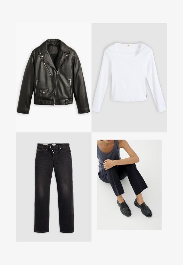 Sort læder motorcykeljakke med en cropped design, brede klapper, flere lynlåslommer og en subtil glans. Har et bælte i taljen.; Hvid langærmet t-shirt lavet af ribstrikket stof, med firkantet halsudskæring og tætsiddende design, med en lille logotag i siden.; Sorte denim jeans med lige ben, der har fem lommer, kobbernitter og knaplukning. Blød tekstur med discrete falmede detaljer.; Sorte læderloafers med teksturerede detaljer, lav hæl, rund tå og synlige syninger. Modellen bærer mørke bukser og en grå top.