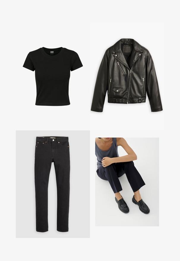 Zwarte leren motorjack met een cropped ontwerp, brede revers, meerdere ritszakken en een subtiele glans. Voorzien van een riem op de taille.; Zwarte kortekorte mouw t-shirt van gladde katoenen stof, met een ronde halslijn en een getailleerde pasvorm. Geen zichtbare patronen of accenten.; Zwarte spijkerbroek van denim met rechte pijpen, ontwerp met vijf zakken, metalen klinknagels en contrasterende stiksels. Soepele textuur met een klassieke snit.; Zwarte leren loafers met textuurelementen, lage hak, ronde neus en zichtbare stiksels. Model draagt donkere broek en een grijze top.