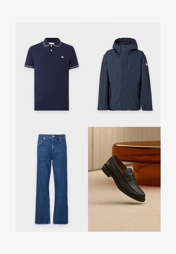 Veste imperméable bleu marine avec capuche, fermeture éclair sur le devant, poches latérales et détail de logo sur la manche. Texture lisse et design moderne.; Polo bleu marine avec bordure blanche au col et aux manches, deux boutons blancs et petit logo couronne blanc sur la poitrine gauche.; Jean en denim bleu avec un design à jambes larges, doté d'une fermeture classique à bouton et à glissière, et de cinq poches. Texture délavée distinctive sur l'ensemble.; Mocassin homme en cuir noir avec une bande sur le dessus, présenté sur un tapis beige près d'une table ronde moderne marron.