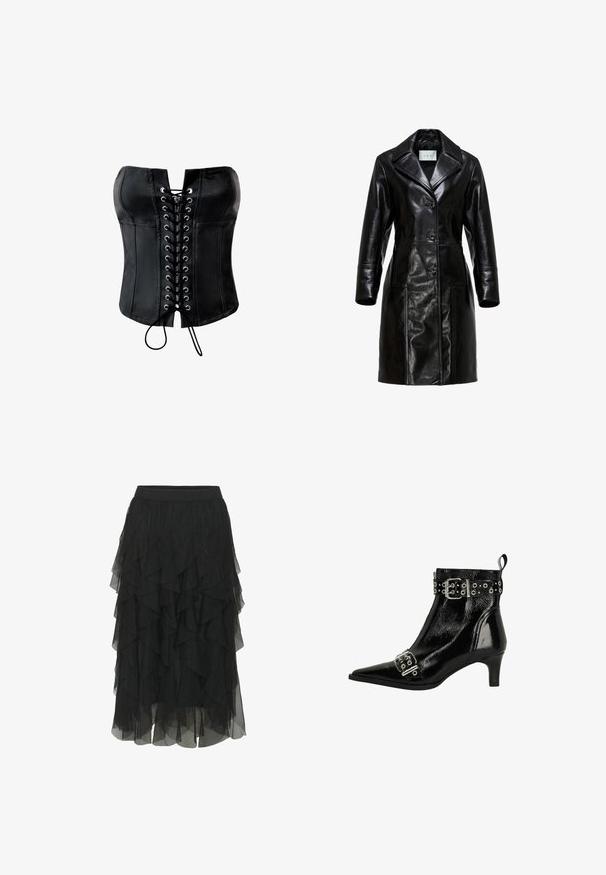 Manteau en cuir noir avec un col à revers, quatre boutons et deux poches avant ; texture lisse et silhouette ajustée.; Corset en satin noir avec une forme structurée, devant lacé avec des œillets argentés et une finition lisse. Dispose d'un décolleté droit sans bretelles.; Jupe tiered noire avec plusieurs couches froncées en tissu transparent. La taille élastique offre une silhouette ajustée.; Bottine en cuir verni noir avec bout pointu, boucles argentées, ceinture à clous et talon de 5 cm. Dotée d'une languette à l'arrière.