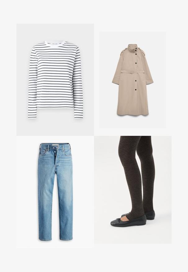 Lang beige trenchcoat med højt krave, sorte knapper, skulderklaffer, bælte i taljen og sidelommer, lagt fladt på hvid baggrund.; Langærmet skjorte i hvid bomuld med sorte horisontale striber. Har en rund halsudskæring og en afslappet pasform. Ingen bemærkelsesværdige accenter eller mønstre.; Lyseblå denimjeans med knappelukning, lige ben, fem lommer og subtil falming. Kobbernitter og syningsdetaljer er synlige.; Ben iført mørke ribbede leggings kombineret med sorte balletsko med små sløjfedetaljer på hvid baggrund.