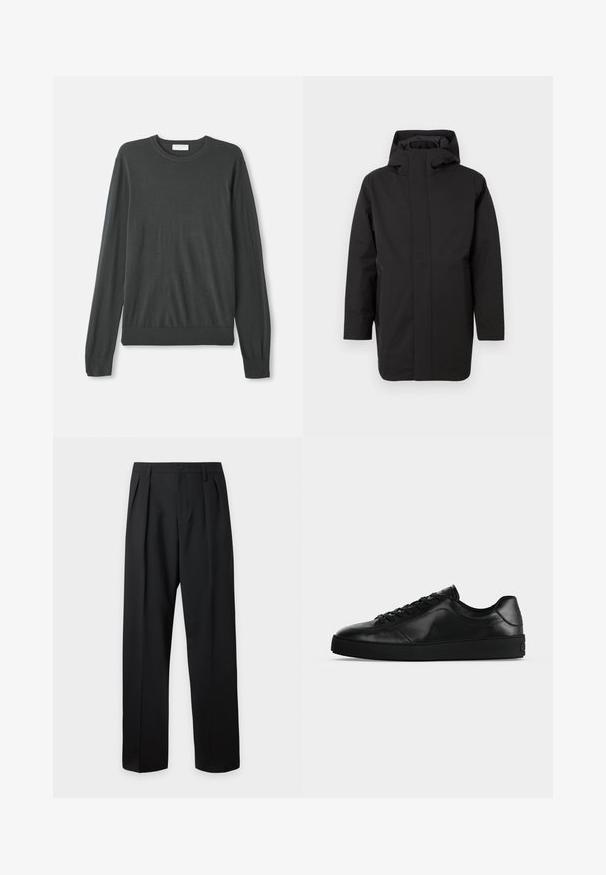 Zwarte waterdichte parka met een hoge kraag, lange mouwen, twee zijzakken en een minimalistisch ontwerp zonder zichtbare sluitingen.; Donkergrijze lange mouw gebreide trui met een ronde halslijn, aansluitende manchetten en een geribbelde zoom. Glad textuur zonder zichtbare patronen of versieringen.; Zwarte, hoog getailleerde, op maat gemaakte broek met riemlussen, voorplooien, knoopsluiting en rechte, wijde pijpen op een lichte achtergrond.; Zwart leren sneaker met lage schacht, veters aan de voorkant en een getextureerde platte zool, zijaanzicht op een neutrale achtergrond.
