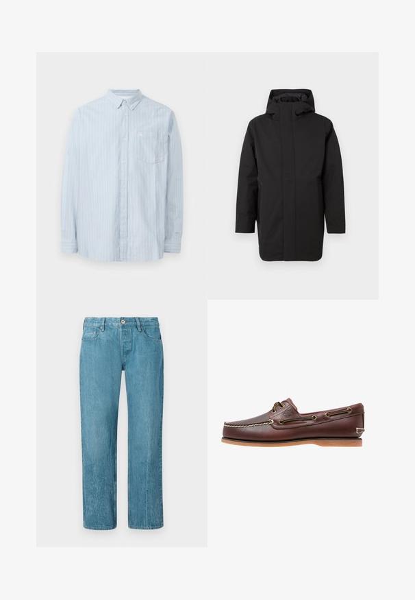 Sort vandtæt parka med høj krave, lange ærmer, to sidelommer og et minimalistisk design uden synlige lukninger.; Lyseblå skjorte med knapper og hvide lodrette striber, med krave, lange ærmer og en brystlomme. Lavet af et blødt materiale.; Lyseblå denimjeans med lige ben-design, der har fem lommer, bæltestropper og knaplukning. Glat tekstur med subtilt falmede områder.; Brun læder bådsko med hvide sømme, snøre detaljer og lysbrun gummisål, vist fra siden på hvid baggrund.