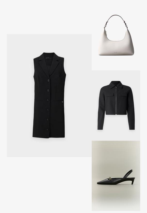 Sort cropped jakke med lynlås foran, lange ærmer og to brystlommer; lavet af glat, struktureret stof.; Sort sansærmet blazer kjole med skræddersyet design, blazerkrave, seks frontknapper og sidelommer. Glat stof med minimale detaljer.; Sort læder slingback med kitten heel, spids tå og lille guldfarvet spænde på en ensfarvet baggrund.; Cremefarvet skuldertaske i læder fra Calvin Klein med buet topkant, sølvfarvet lynlås og mørkebrun justerbar rem.