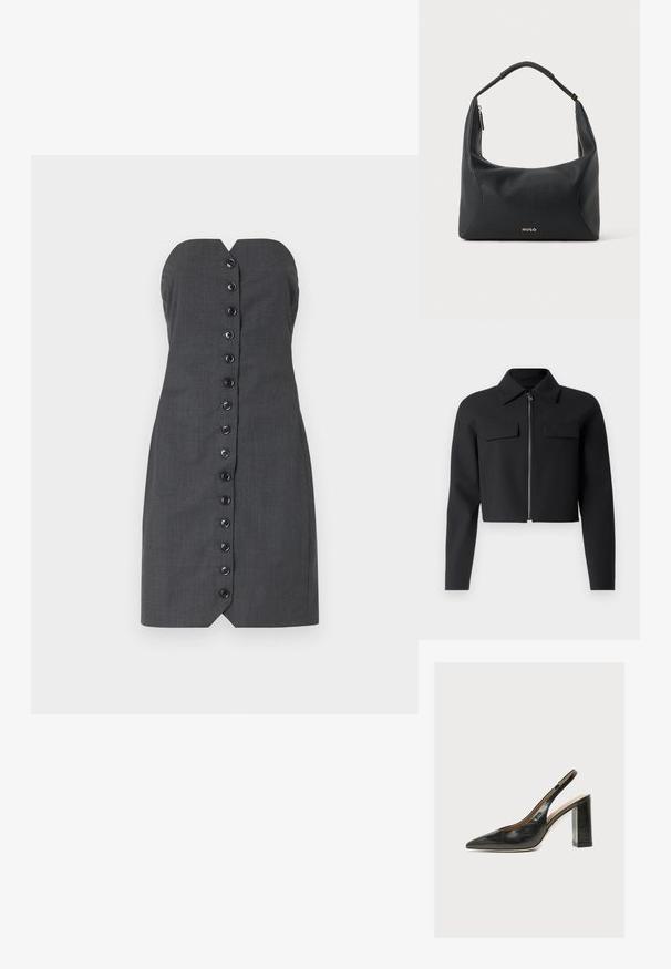 Schwarze, kurz geschnittene Jacke mit Reißverschluss vorne, langen Ärmeln und zwei Brusttaschen; aus glattem, strukturiertem Stoff.; Graues trägerloses Kleid mit taillierter Silhouette, das mit einer Knopfleiste auf der Vorderseite und einem V-Ausschnitt gestaltet ist. Glatte Textur, maßgeschneiderter Stoff.; Schwarzer Leder-Damenslingback-Pumps mit spitzer Zehenpartie und dickem hohem Blockabsatz auf weißem Hintergrund.; Schwarze Leder-Schultertasche mit geflochtenem Griff, goldfarbenem Reißverschlussdetail und kleinem goldfarbenem "HUGO"-Logo mittig vorne.