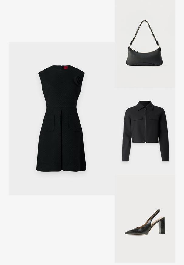 Schwarze, kurz geschnittene Jacke mit Reißverschluss vorne, langen Ärmeln und zwei Brusttaschen; aus glattem, strukturiertem Stoff.; Schwarzes Kleid mit strukturiertem Muster, kurzen Ärmeln, zwei Taschen vorne und einem floralem Akzentdetail an der Schulter. Reißverschluss hinten.; Schwarzer Leder-Slingback-Schuh mit spitzer Kappe, hohem Blockabsatz und beigegefüttertem Innenraum vor hellem, einfarbigem Hintergrund.; Schwarze Lederschultertasche mit gewölbter rechteckiger Form, goldener Kette, die in den geflochtenen schwarzen Riemen eingewebt ist, und Reißverschlussverschluss oben.