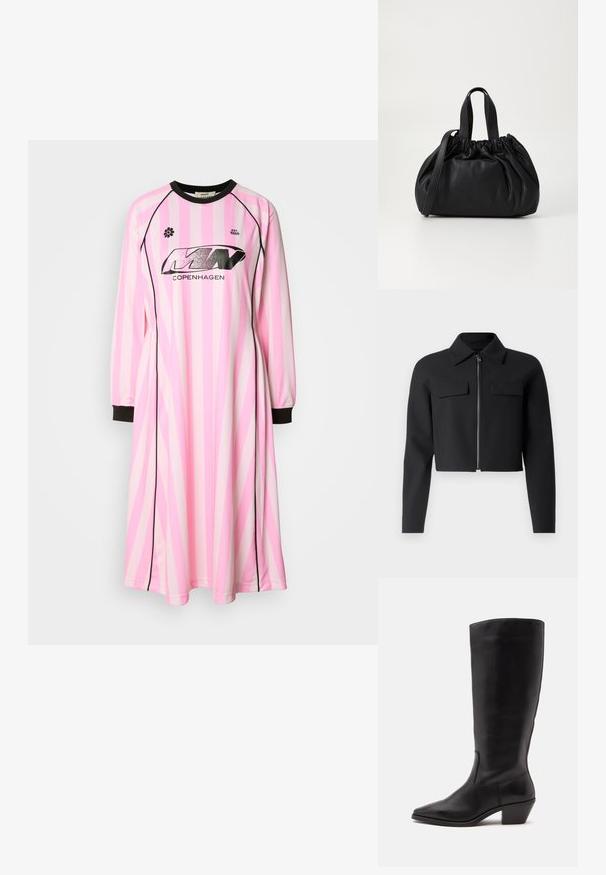 Chaqueta corta negra con cremallera en la parte frontal, mangas largas y dos bolsillos en el pecho; hecha de una tela suave y texturizada.; Vestido de manga larga en rosa claro con rayas verticales en rosa más oscuro y blanco, con un cuello redondo negro y puños negros. Logo visible en la parte delantera.; Bota de cuero negra hasta la mitad de la pantorrilla con puntera puntiaguda y tacón bajo inclinado sobre un fondo claro y liso.; Bolso de mano de cuero negro con un diseño de parte superior fruncida, que cuenta con dos asas cortas y una correa larga ajustable. Textura suave, forma redondeada.