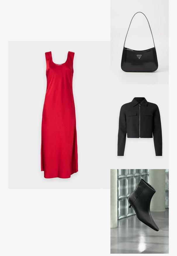 Chaqueta corta negra con cremallera en la parte frontal, mangas largas y dos bolsillos en el pecho; hecha de una tela suave y texturizada.; Vestido maxi sin mangas de color rojo con escote cuadrado y aberturas laterales. Hecho de una tela suave, que muestra un diseño simple y aerodinámico.; Botín negro de cuero con punta puntiaguda y tacón bajo estilo kitten, mostrado en ángulo sobre un suelo pulido y con una pared de bloques de vidrio de fondo.; Bolso de hombro de charol negro con forma curva, que presenta un logotipo triangular plateado y un cierre de cremallera. Textura suave y correa delgada.