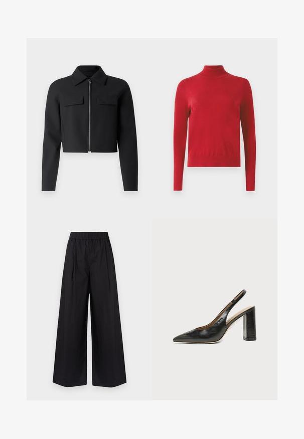 Chaqueta corta negra con cremallera en la parte frontal, mangas largas y dos bolsillos en el pecho; hecha de una tela suave y texturizada.; Jersey rojo de manga larga con cuello alto, de diseño ajustado y puños y cuello acanalados, sobre un fondo blanco.; Pantalones de pierna ancha negros, hechos de una tela suave, con una cintura elástica y sin bolsillos ni detalles de hardware visibles.; Zapato slingback de piel negra con puntera puntiaguda, tacón alto y ancho, y forro interior beige sobre un fondo claro y liso.