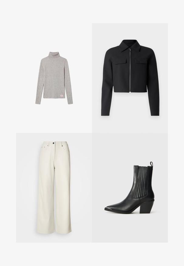 Veste noire cropped avec fermeture éclair à l'avant, manches longues et deux poches poitrine ; fabriquée à partir d'un tissu lisse et texturé.; Pull à col roulé côtelé gris clair à manches longues avec un petit écusson du logo CK rouge et blanc près de l'ourlet inférieur.; Pantalons larges de couleur crème en tissu lisse. Dotés d'une taille mi-haute, d'une fermeture éclair et de deux poches avant avec des accents en matériel noir.; Botte noire en cuir jusqu'à la cheville avec un bout pointu, des panneaux latéraux côtelés, et un talon épais, sur un fond en carreaux texturés.