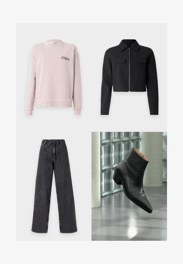 Sort cropped jakke med lynlås foran, lange ærmer og to brystlommer; lavet af glat, struktureret stof.; Lyserød langærmet sweatshirt med rund hals, ribkantede ærmegab og sort tekst "Infinite Summer ALLSAINTS London" på venstre bryst.; Højtaljede, brede ben sorte denim jeans med snørelukning. Har en falmet tekstur og subtile syninger.; Sort læderankelstøvle med spids tå og blokhæl, der svæver over en reflekterende grå gulv nær en væg af glasblokke.