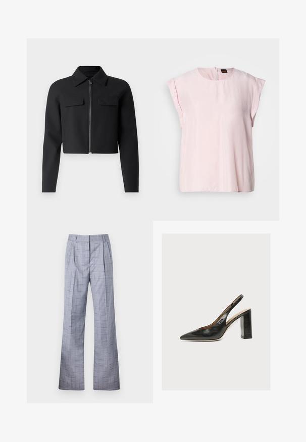 Zwarte cropped jas met een ritssluiting aan de voorkant, lange mouwen en twee borstzakken; gemaakt van een gladde, gestructureerde stof.; Roze, korte mouw top met een ronde hals en een subtiele glans. Heeft een ritssluiting aan de achterkant en een casual pasvorm. Zachte textuur.; Grijze geruite broek met een wijd uitlopende stijl, voorzien van plooien en een subtiele textuur. Gemaakt van lichtgewicht stof met een getailleerde pasvorm.; Zwarte leren dames slingbackpumps met spitse neus en dikke hoge blokhak op witte achtergrond.