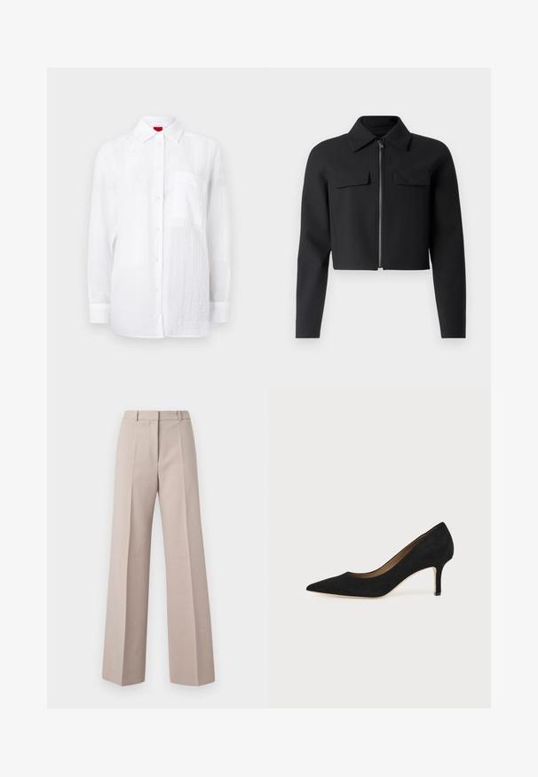 Zwarte cropped jas met een ritssluiting aan de voorkant, lange mouwen en twee borstzakken; gemaakt van een gladde, gestructureerde stof.; Witte longsleeve shirt gemaakt van lichte stof, met een knoopsluiting aan de voorkant, kraag en een zak op de linkerkant van de borst. Subtiele textuurafwerking.; Beige wijde broek van een soepele stof, met een hoge taille, voorkreuken en een op maat gemaakte pasvorm.; Zwarte suède pumps met spitse neus, een slanke middenhoge naaldhak en een laag uitgesneden ontwerp op een effen achtergrond.