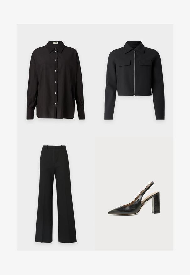 Veste noire cropped avec fermeture éclair à l'avant, manches longues et deux poches poitrine ; fabriquée à partir d'un tissu lisse et texturé.; Chemise noire à boutons avec un col classique, des manches longues et une coupe décontractée. Présente des boutons brillants sur le devant. Tissu lisse et léger.; Pantalons black à jambes larges avec un design sur mesure, présentant une texture lisse et de subtils plis à l'avant. Pas de garnitures ou de motifs visibles.; Chaussure slingback en cuir noir à bout pointu avec un talon bloc haut et une doublure intérieure beige sur un fond clair uni.