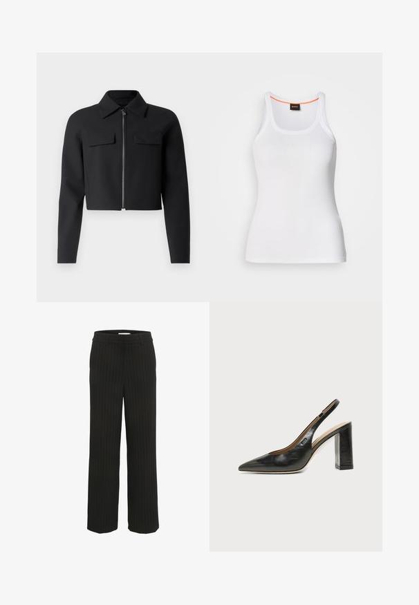 Zwarte cropped jas met een ritssluiting aan de voorkant, lange mouwen en twee borstzakken; gemaakt van een gladde, gestructureerde stof.; Wit geribd tanktop met een ronde hals, voorzien van een smal bandjesontwerp en een oranje accent langs de binnenkant van de halslijn. Merkembleem zichtbaar.; Zwarte pantalon met streepdessin en een rechte tailleband met riemlussen, gemaakt van geweven stof, met verticale strepen in een contrasterende kleur.; Zwarte leren slingback schoen met spits toelopend neusje, hoge blokhak en beige binnenvoering tegen een effen lichte achtergrond.