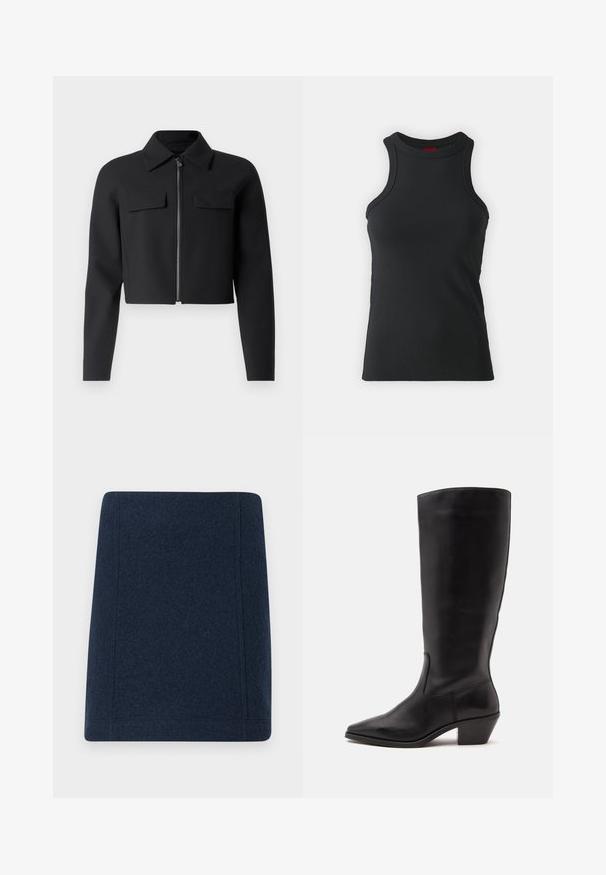 Veste noire cropped avec fermeture éclair à l'avant, manches longues et deux poches poitrine ; fabriquée à partir d'un tissu lisse et texturé.; Débardeur sans manches noir en tissu extensible. Présente un col rond et une silhouette ajustée avec des détails de couture minimaux.; Jupe mini en laine bleu marine avec une coupe droite, des coutures plates et une texture lisse. Sans motifs ni ornements visibles.; Botte en cuir noire mi-mollet avec un bout pointu et un talon bas incliné sur un fond clair uni.