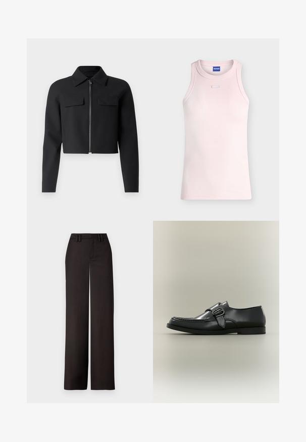 Veste noire cropped avec fermeture éclair à l'avant, manches longues et deux poches poitrine ; fabriquée à partir d'un tissu lisse et texturé.; Débardeur côtelé rose clair sans manches avec un col rond et un petit détail rectangulaire en tissu sous le col, étiquette HUGO à l'intérieur du col.; Pantalons noirs à jambes larges avec un devant plat, passants de ceinture et une texture lisse, conçus pour un ajustement près du corps. Aucun matériel ou motif visible.; Chaussure habillée en cuir noir avec une boucle latérale et des détails de couture, vue de profil sur un fond neutre.