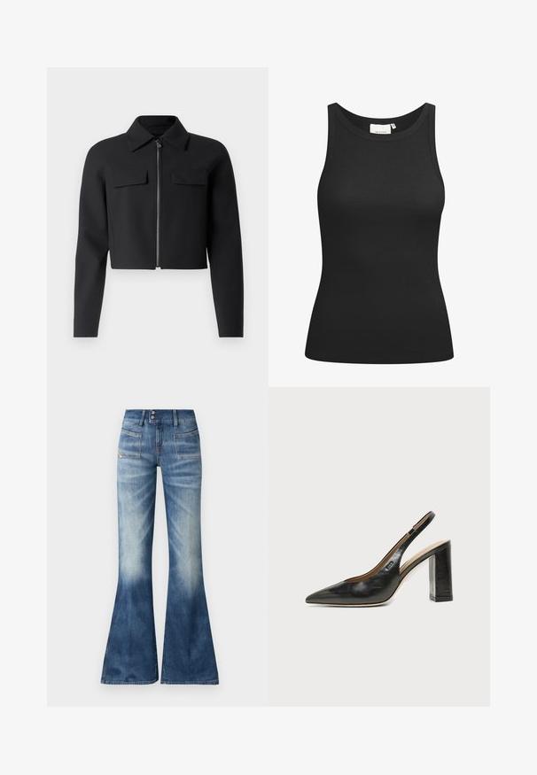 Sort cropped jakke med lynlås foran, lange ærmer og to brystlommer; lavet af glat, struktureret stof.; Sort tanktop lavet af ribbet materiale, med en scooped halsudskæring og en tætsiddende form. Flade sømme og ingen udsmykninger. Enkel og strømlinet design.; Udsvingede blå denimjeans med en lys til mørk gradient, to forlommer og lukning med knap. Har minimal syning og en glat overflade.; Sort læder peep-toe slingback sko med høj blokhæl og beige indvendig foring mod en ensfarvet lys baggrund.
