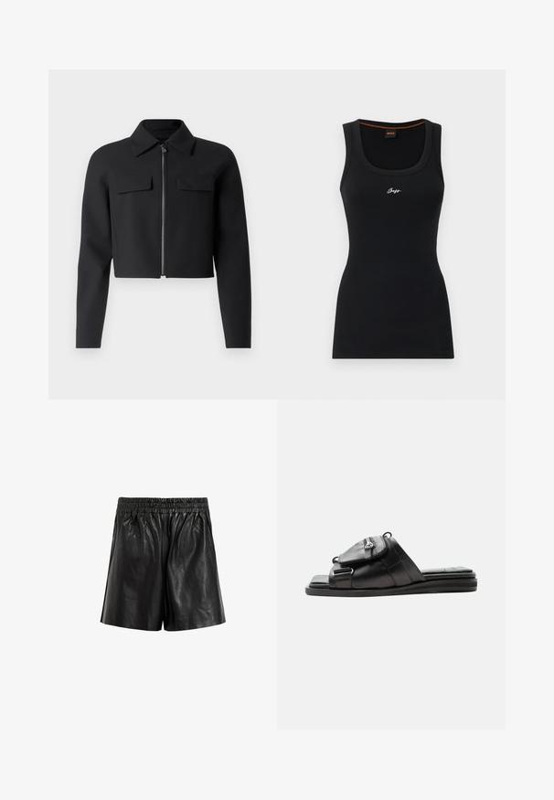 Veste noire cropped avec fermeture éclair à l'avant, manches longues et deux poches poitrine ; fabriquée à partir d'un tissu lisse et texturé.; Débardeur noir à côtes avec un décolleté arrondi. Il présente un petit logo blanc "Boss" sur le devant et une accent orange contrastant à l'intérieur du col.; Shorts en cuir noir avec une taille élastique, présentant une texture lisse, des jambes larges et sans poches ni embellissements visibles.; Sandale slide en cuir noir avec semelle rembourrée et détail d'une pochette zippée à l'avant sur la bride.
