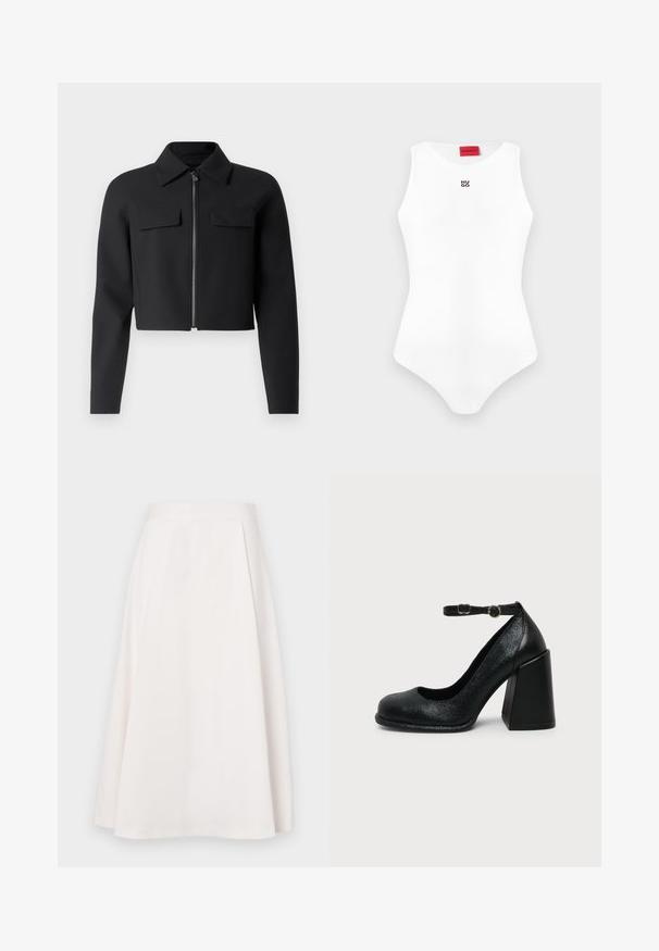 Zwarte cropped jas met een ritssluiting aan de voorkant, lange mouwen en twee borstzakken; gemaakt van een gladde, gestructureerde stof.; Witte mouwloze nauwsluitende body met ronde halslijn en klein zwart "HUGO" logo op de borst, rood merkembleem aan de binnenkant van de kraag.; Een knie-lange, witte A-lijn rok gemaakt van gladde stof, met een platte tailleband en subtiele plooien voor extra vorm en beweging.; Zwarte leren hoge hak met afgeronde neus en verstelbare enkelband met gouden gesp op een effen lichte achtergrond.