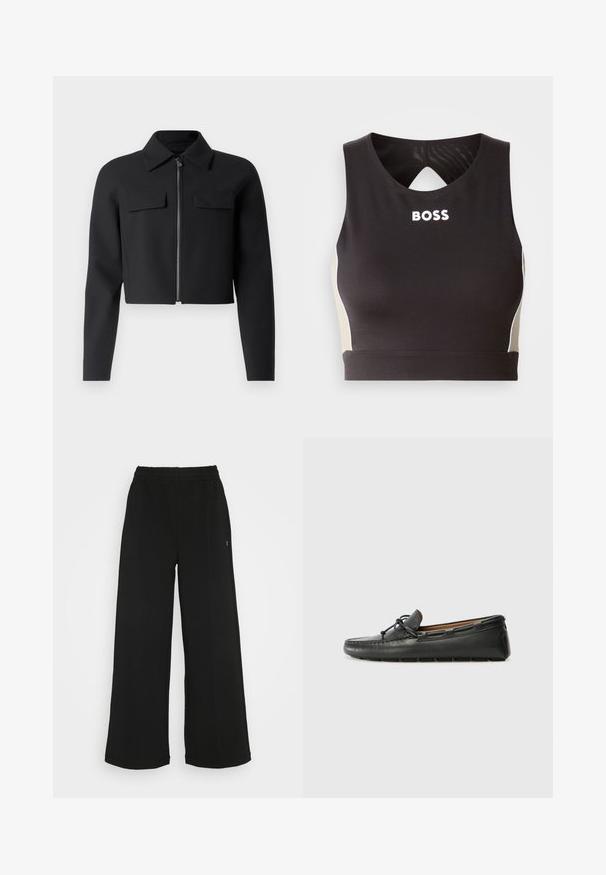Schwarze, kurz geschnittene Jacke mit Reißverschluss vorne, langen Ärmeln und zwei Brusttaschen; aus glattem, strukturiertem Stoff.; Schwarzes athletisches Crop-Top mit einem Schlitz auf dem Rücken, verziert mit weißer "BOSS"-B Schrift und beigen seitlichen Akzenten. Hergestellt aus dehnbarem, glattem Stoff.; Schwarze weit geschnittene Hose mit einem elastischen Bund. Hergestellt aus einem weichen, leichten Material. Mit vertikalen Nähten an der Vorderseite.; Schwarze Lederbootsschuhe mit rundem Zehenbereich, gestickten Details, kleinem Schleifenakzent und Gummisohle. Glatte Textur und schlankes Design.