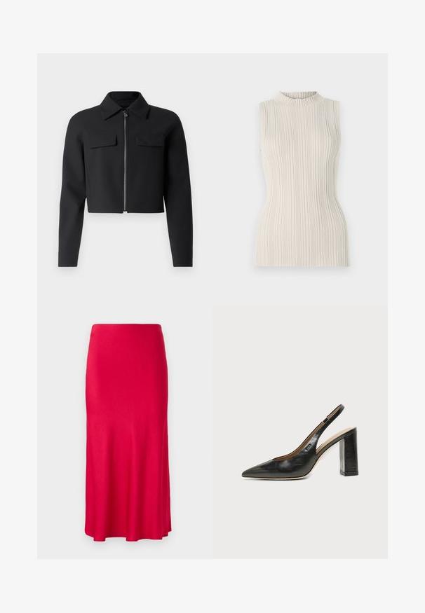 Veste noire cropped avec fermeture éclair à l'avant, manches longues et deux poches poitrine ; fabriquée à partir d'un tissu lisse et texturé.; Top sans manches en beige clair, doté d'une texture côtelée et d'un col haut froncé. La silhouette cintrée met en valeur la forme.; Jupe rouge de longueur midi en tissu lisse et extensible. Ajustée en haut avec un bas évasé et sans fermetures ni motifs visibles.; Chaussure slingback en cuir noir à bout pointu avec un talon bloc haut et une doublure intérieure beige sur un fond clair uni.