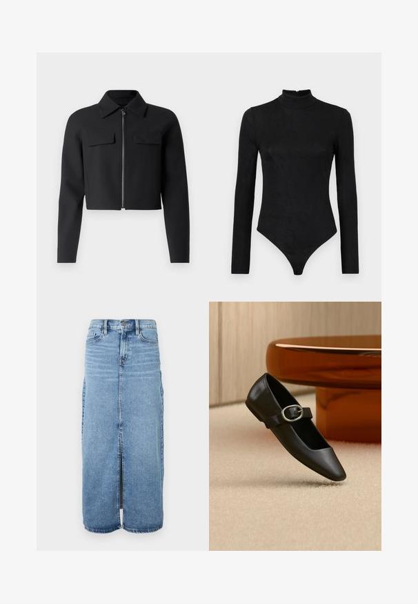 Chaqueta corta negra con cremallera en la parte frontal, mangas largas y dos bolsillos en el pecho; hecha de una tela suave y texturizada.; Bodysuit negro de manga larga con cuello alto y textura sutil. Presenta un zipper en la parte posterior y un diseño de tanga en la parte inferior.; Falda maxi de mezclilla en azul claro con abertura frontal, cierre de botones y cinco bolsillos. Presenta costuras clásicas y un diseño de corte recto.; Zapato plano Mary Jane de cuero negro con hebilla plateada, exhibido sobre una alfombra beige cerca de la base de una mesa redonda marrón.