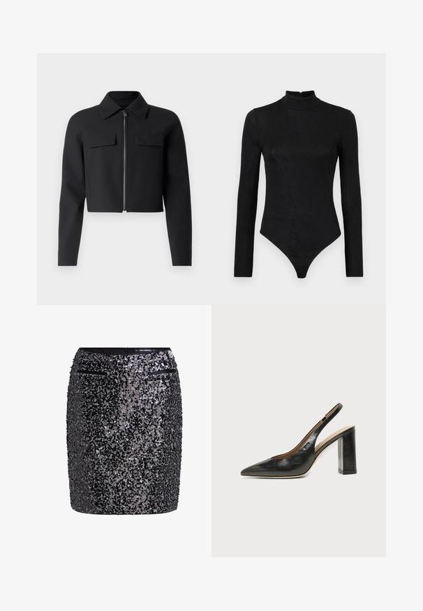 Sort cropped jakke med lynlås foran, lange ærmer og to brystlommer; lavet af glat, struktureret stof.; Sort langærmet bodystocking med høj hals og subtil tekstur. Har en lynlås bagpå og en thong-bunddesign.; Sort paillet-miniskørt med en tæt design, der har en struktureret overflade og to små lynlåslommer foran.; Sort læder peep-toe slingback sko med høj blokhæl og beige indvendig foring mod en ensfarvet lys baggrund.