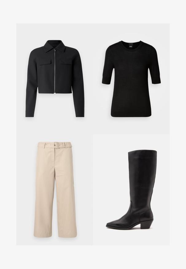 Veste noire cropped avec fermeture éclair à l'avant, manches longues et deux poches poitrine ; fabriquée à partir d'un tissu lisse et texturé.; Pull noir à manches courtes en laine mérino fine. Encolure ronde, coupe ajustée, texture lisse, design minimal, sans motifs ni accents visibles.; Pantalons beige à jambes larges en tissu lisse. Dispose d'une taille ceinturée et de deux poches latérales. Coutures épurées et ourlet fini.; Botte en cuir noire mi-mollet avec un bout pointu et un talon bas incliné sur un fond clair uni.