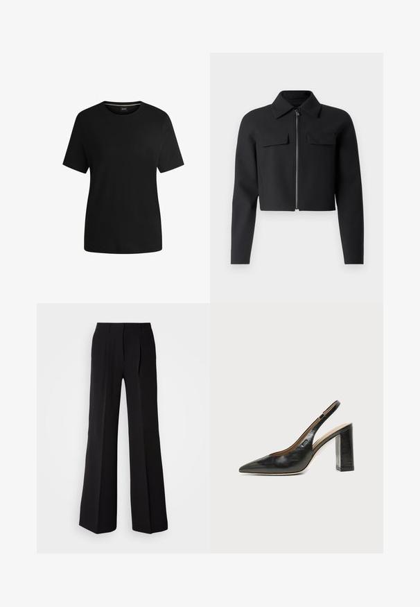 Sort cropped jakke med lynlås foran, lange ærmer og to brystlommer; lavet af glat, struktureret stof.; Sort kortærmet t-shirt lavet af blødt bomuld, med rund hals og en glat tekstur. Enkel design uden mønstre eller detaljer.; Sorte bukser lavet af glat stof, med høj talje, bred ben silhuet og to frontfolder for ekstra design detaljer.; Sort læder peep-toe slingback sko med høj blokhæl og beige indvendig foring mod en ensfarvet lys baggrund.