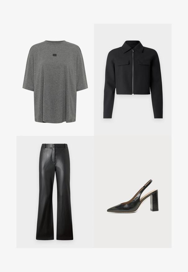 Veste noire cropped avec fermeture éclair à l'avant, manches longues et deux poches poitrine ; fabriquée à partir d'un tissu lisse et texturé.; T-shirt oversize gris en tissu doux. Présente un col rond, des manches courtes et un logo subtil au centre.; Pantalons en cuir noir avec une texture lisse, design à jambes larges et une taille mi-haute dotée de passants de ceinture et de poches avant.; Chaussure slingback en cuir noir à bout pointu avec un talon bloc haut et une doublure intérieure beige sur un fond clair uni.